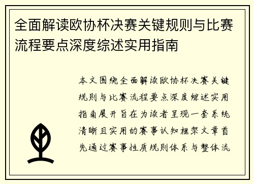 全面解读欧协杯决赛关键规则与比赛流程要点深度综述实用指南