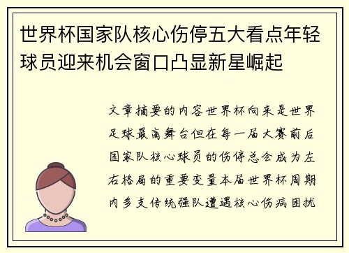世界杯国家队核心伤停五大看点年轻球员迎来机会窗口凸显新星崛起